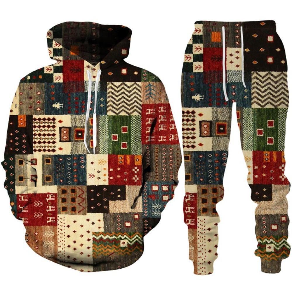 Color Block Patchwork 3D Print Hoodies Pants Sets Men's Sweatshirts Sweatpants Two Piece Suits Outdoor Tracksuit Man Clothing