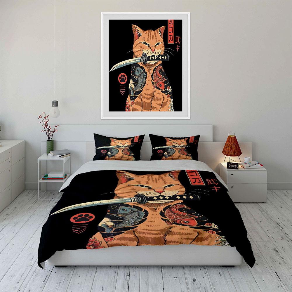 Samurai Cat Decor Set Bedding Set with 1 Duvet Cover 2 Pillowcases Single Double King Queen, Gift