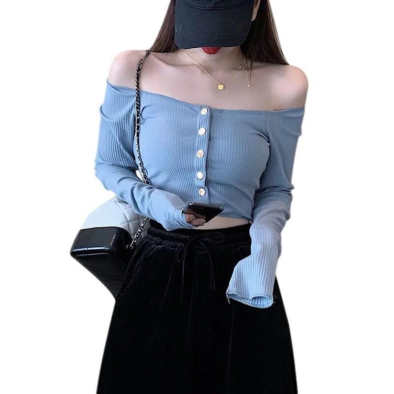 Mode Slash cou femmes bouton T-shirt mince à manches longues T-shirt automne couleur unie dames court hauts