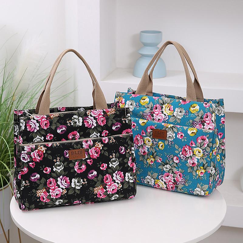 Floral Print Tote Lunch Bag Portable Canvas Bento Bag Women S Casual Handbag Mommy Bag For Work Travel Picnic 886₽