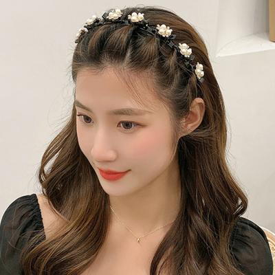 Shining Rhinestone Faux Pearls Flower Decor Women Headband Non-slip Elastic Double Layer Bangs Clips Hair