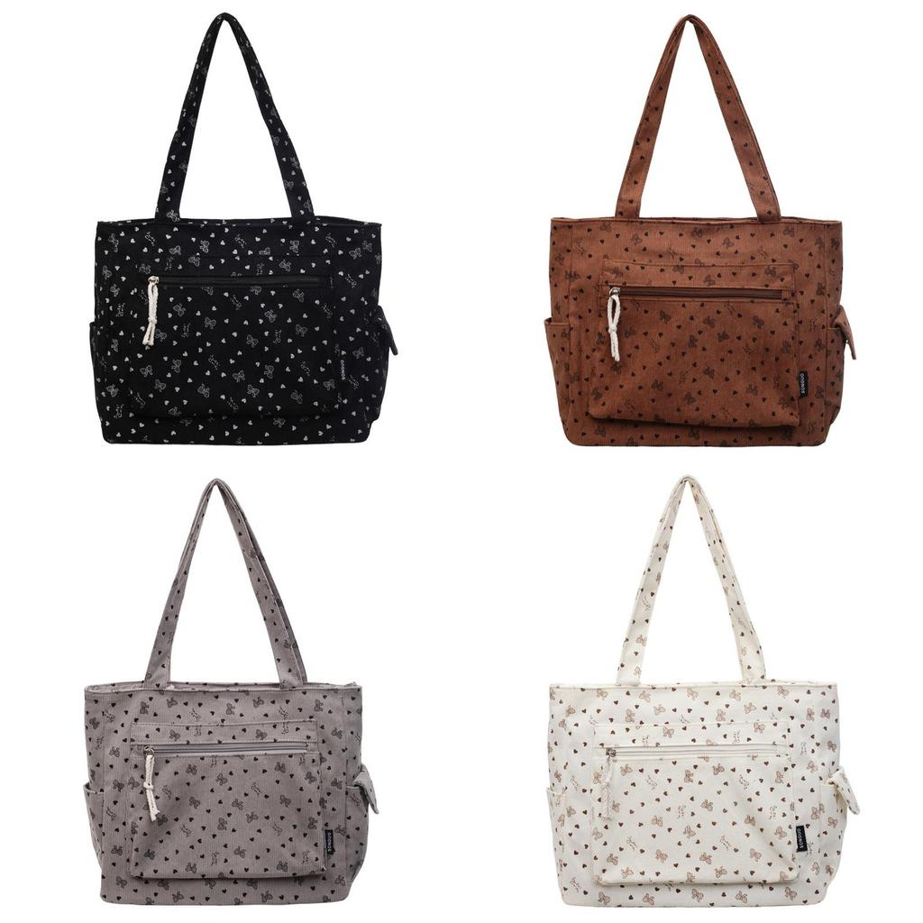 Large Capacity Cotton Corduroy Tote With Multiple Pockets For Casual Daily Carry