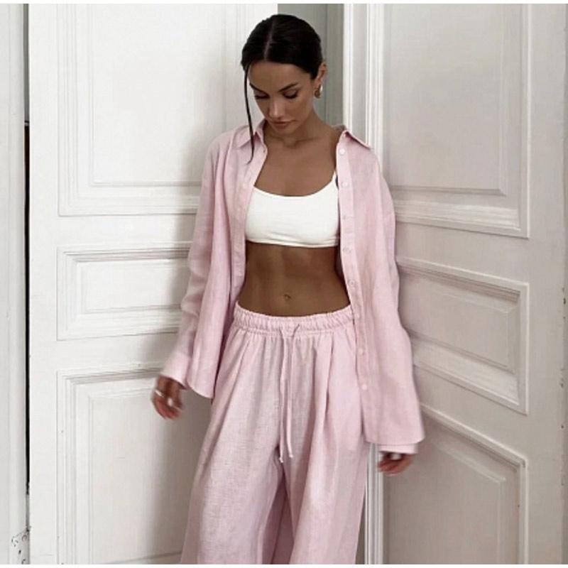 Women's Pure Cotton Shirt and Pants Set Casual Solid Color Women's Set V-neck Button Decoration Sweet Style Spring and Summer New Women's Clothing