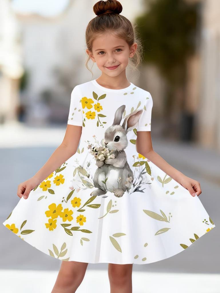 Girl Clothes Cute Rabbit Graphic Printed Girls' Princess Dress Summer Casual Dress for Girls Outfit O-Neck Birthday Gift Clothes