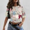 Women Crew Neck Pullover Printed Short Sleeve T Shirt Loose Fit Casual Top Patchwork Pattern Soft Comfortable Material