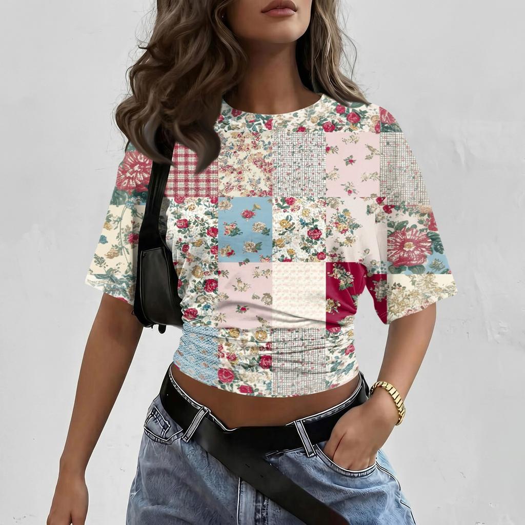 Women Crew Neck Pullover Printed Short Sleeve T Shirt Loose Fit Casual Top Patchwork Pattern Soft Comfortable Material