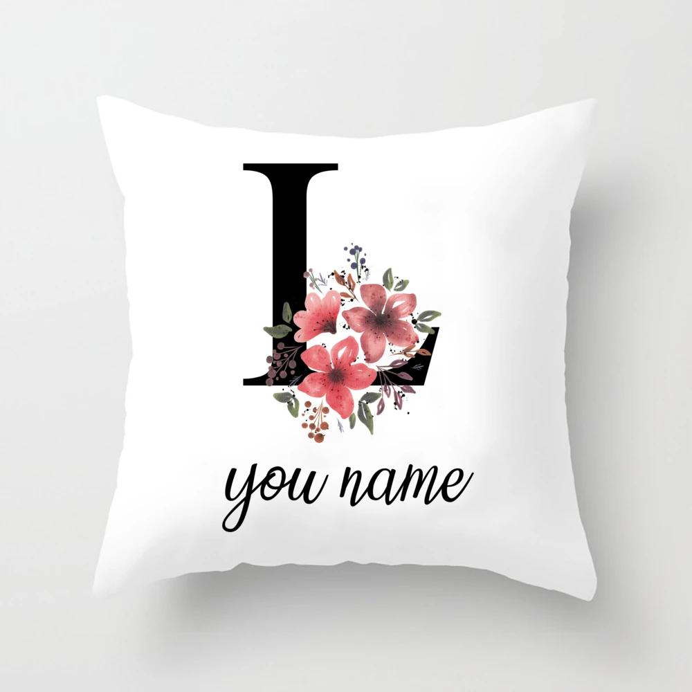 Personalized Name Flower Letter Pillow Case Alphabet Print White Square Pillow Case Dust Cover Bedroom Party Decoration