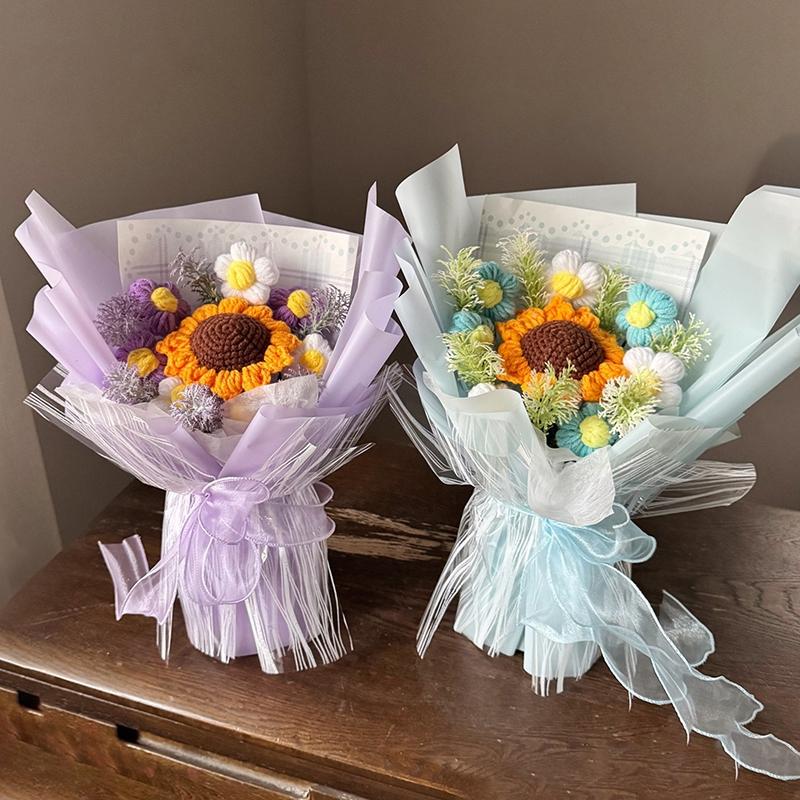 Handmade Crochet Flowers Bouquet Mothers Day Gifts Finished Hand-Knitted Crochet Graduation Bouquet Teacher' Day Birthday Gift