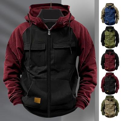 Fall Winter Men Hoodie Zipper Closure Elastic Cuff Retro Multi Pockets Cargo Style Warm Cardigan Coat Mid Length Hip Hop Contrast Color Top
