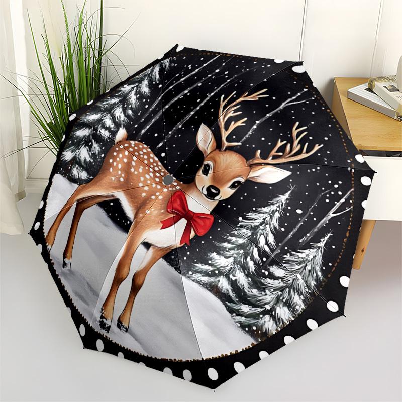 1pc Winter Deer Automatic Folding Umbrella, Lightweight Retractable Compact Travel Umbrella, 8-Rib Sturdy Frame, Fine Outdoor Umbrella112