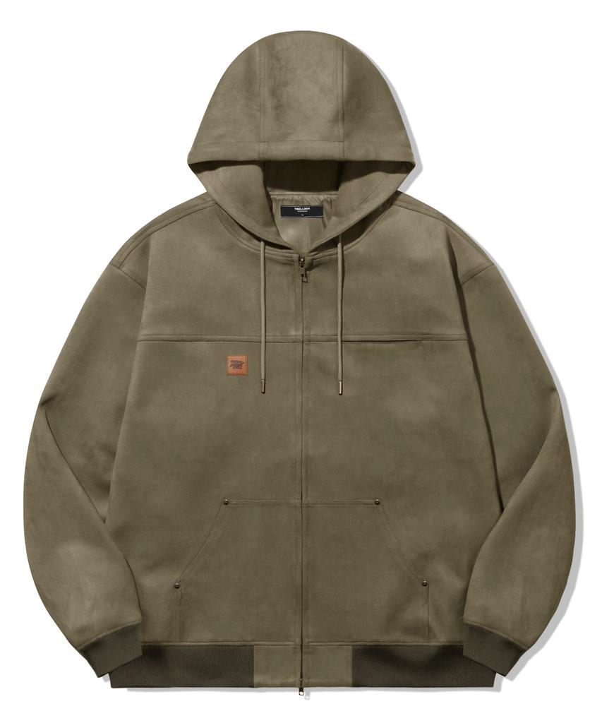 Trillion Leather Patch Suede Work Zip-Up Hoodie_Khaki