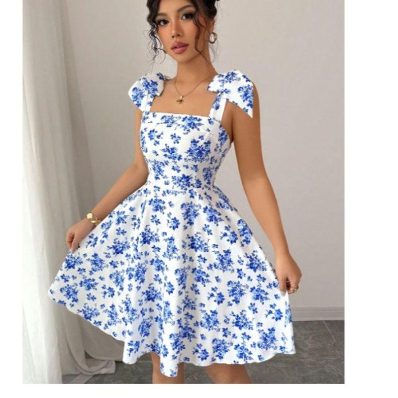 Small Sweet Fashion Floral Print off-Neck Open Back Elastic Waistband Lace-up Sleeveless A- line Sling Dress Skirt
