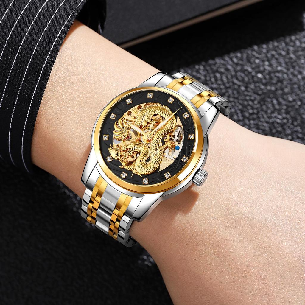 Ceasuri Dragon Aurii pentru Bărbați Ceas de Mână Impermeabil Bărbați Oțel Inoxidabil Ceas Mecanic Automat pentru Bărbați