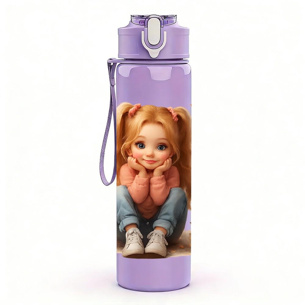 1PC Little Girl Butterfly Surround Portrait 750ml Color Plastic Sports Water Bottle Leakproof Flip Straw Lid Suitable for Sports Office Home Use