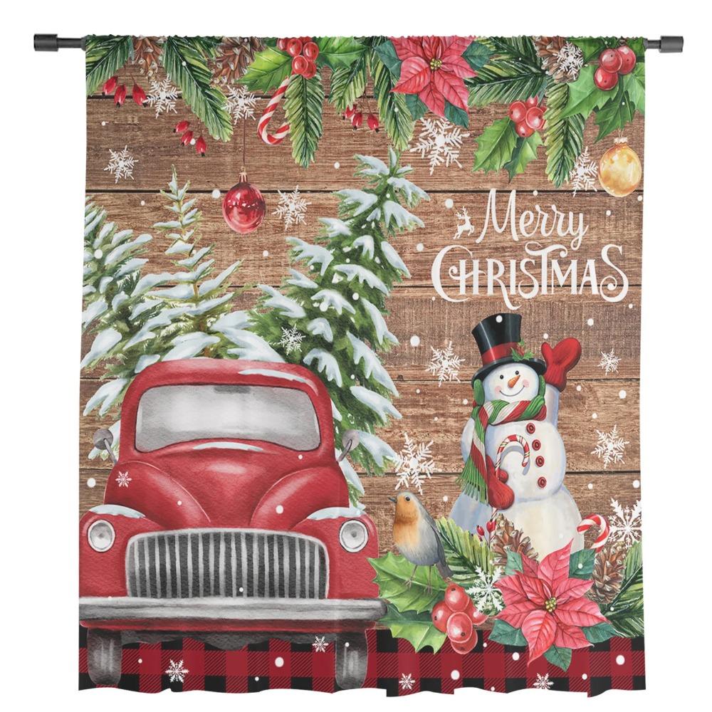 Winter Snowflake Xmas Winter Design Redwood Truck Light Voile Curtains Bed Chamber Soft Tulle Window Panel Curtain Living Room Transparent Curtains