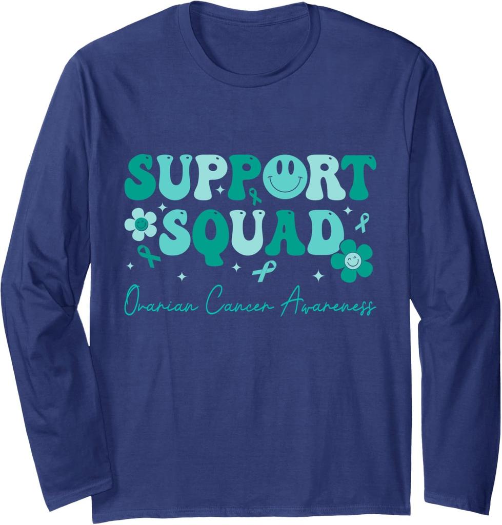 Groovy Support Squad Teal Ribbon Ovarian Cancer Long Sleeve Tshirt