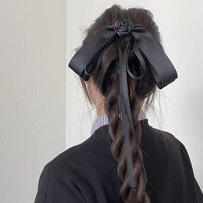 Black Camellia Bow Ribbon Hairpin French Hair Clip Women Girly High-End Elegant Hair Up Top Clip Mourning Funeral Hair Accessory