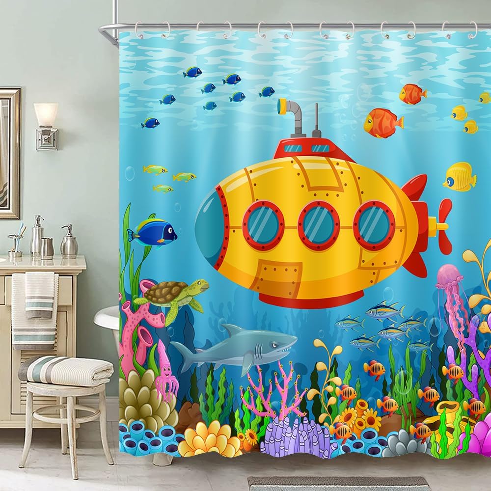 Colorful Cartoon Submarine Shower Curtain – Ocean Life & Fish Design, Fun Underwater Bathroom Decor For Kids 72X72 In