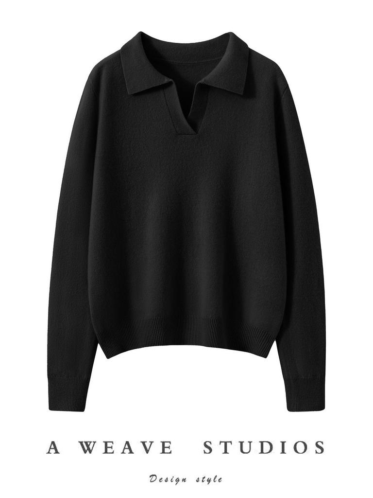 Elegant Cashmere Slim-Fit Sweater - Women's Autumn & Winter Knitwear with Small Lapel.