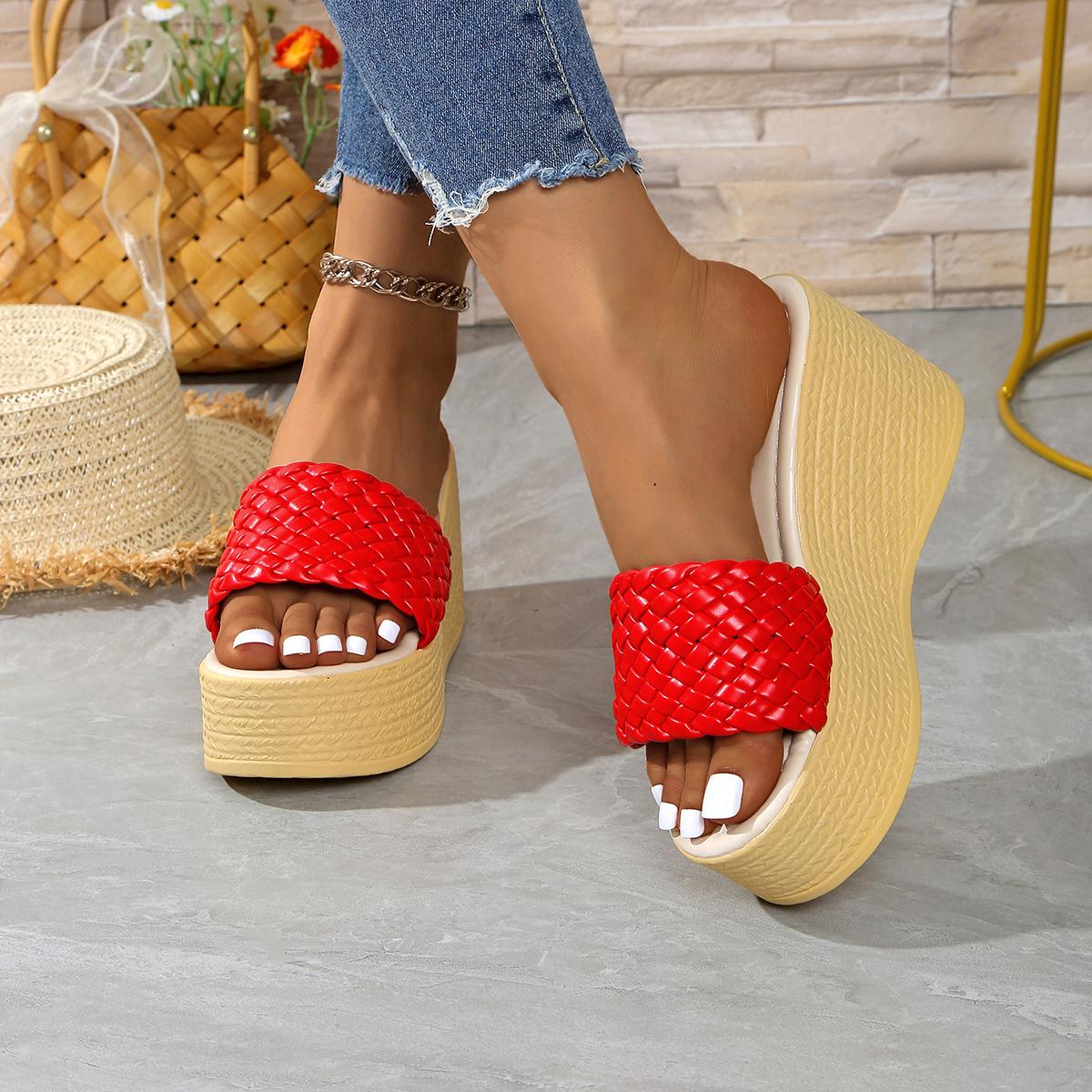 

Fashion 2025 Summer Round Toe Casual and Comfortable Fish Mouth Wedge Platform Shoes Solid Color Fashion Sexy Women s Sandals 34 красный