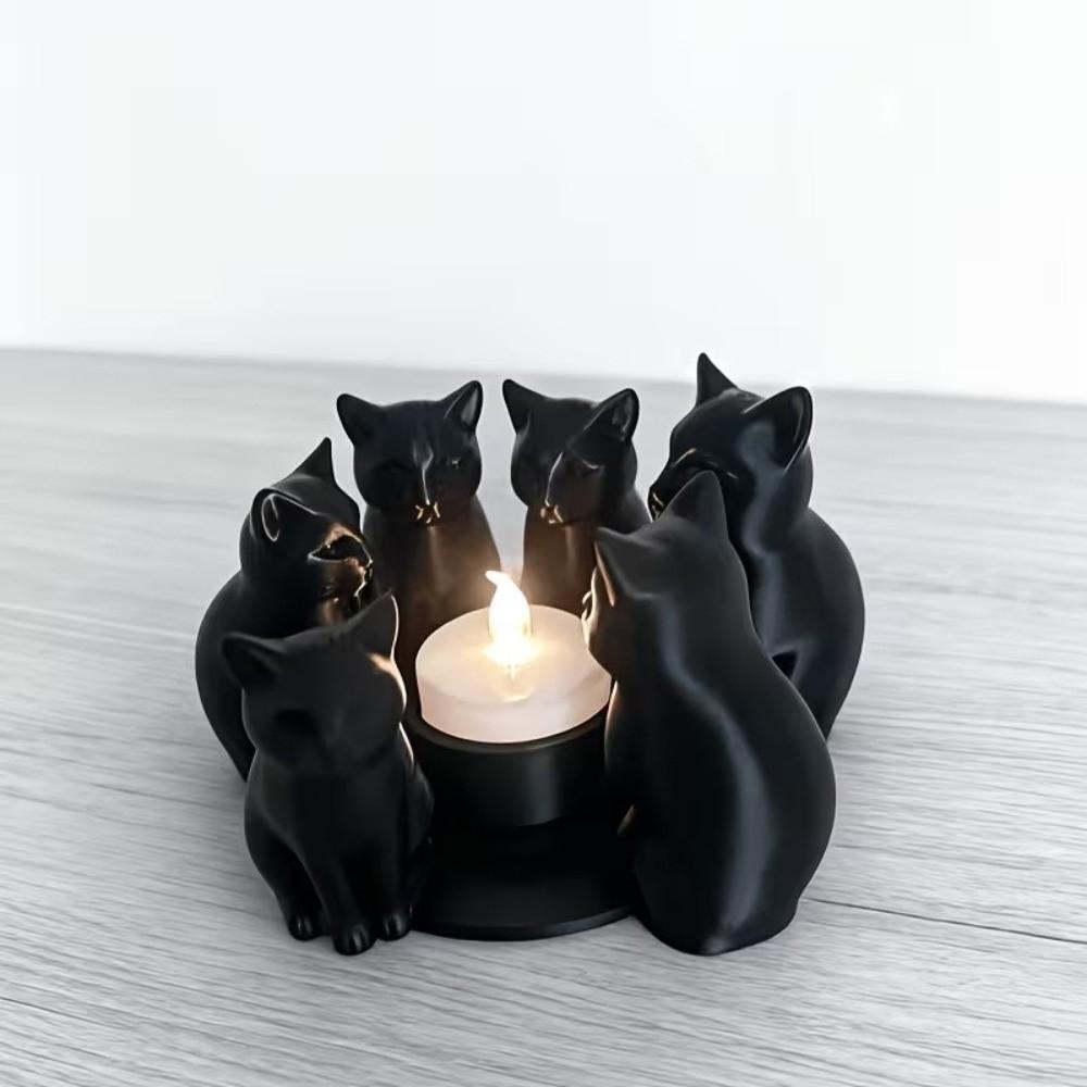 Creative Cartoon Cat Candle Holder Decorative Cute Candle Stand Ring-Shaped Black Kitten Ornament Living Room