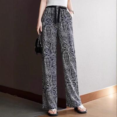 Wiosenne i letnie koreańskie spodnie z wysokim stanem i szerokimi nogawkami w stylu casual z szyfonu w kolorze atramentowym dla kobiet, spodnie Sanya z jedwabiu lodowego