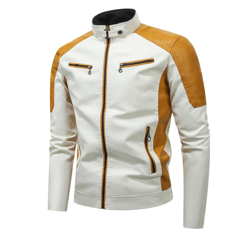 Męska Retro Patchworkowa Skórzana Kurtka Biker, Stójka, Ciepła, Jesień/Zima Casualowa Moda