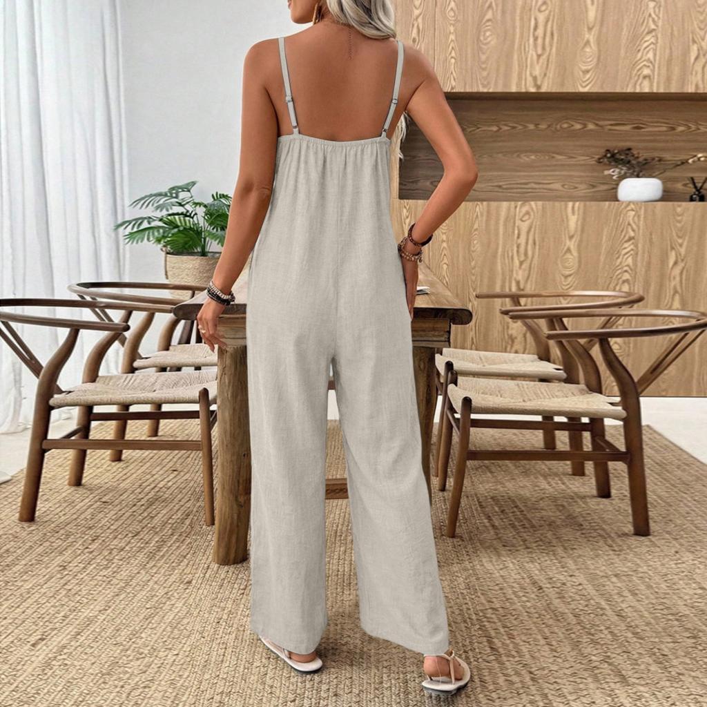 Ladies' Color Casual Fashion Wide Leg Pocket Jumpsuit