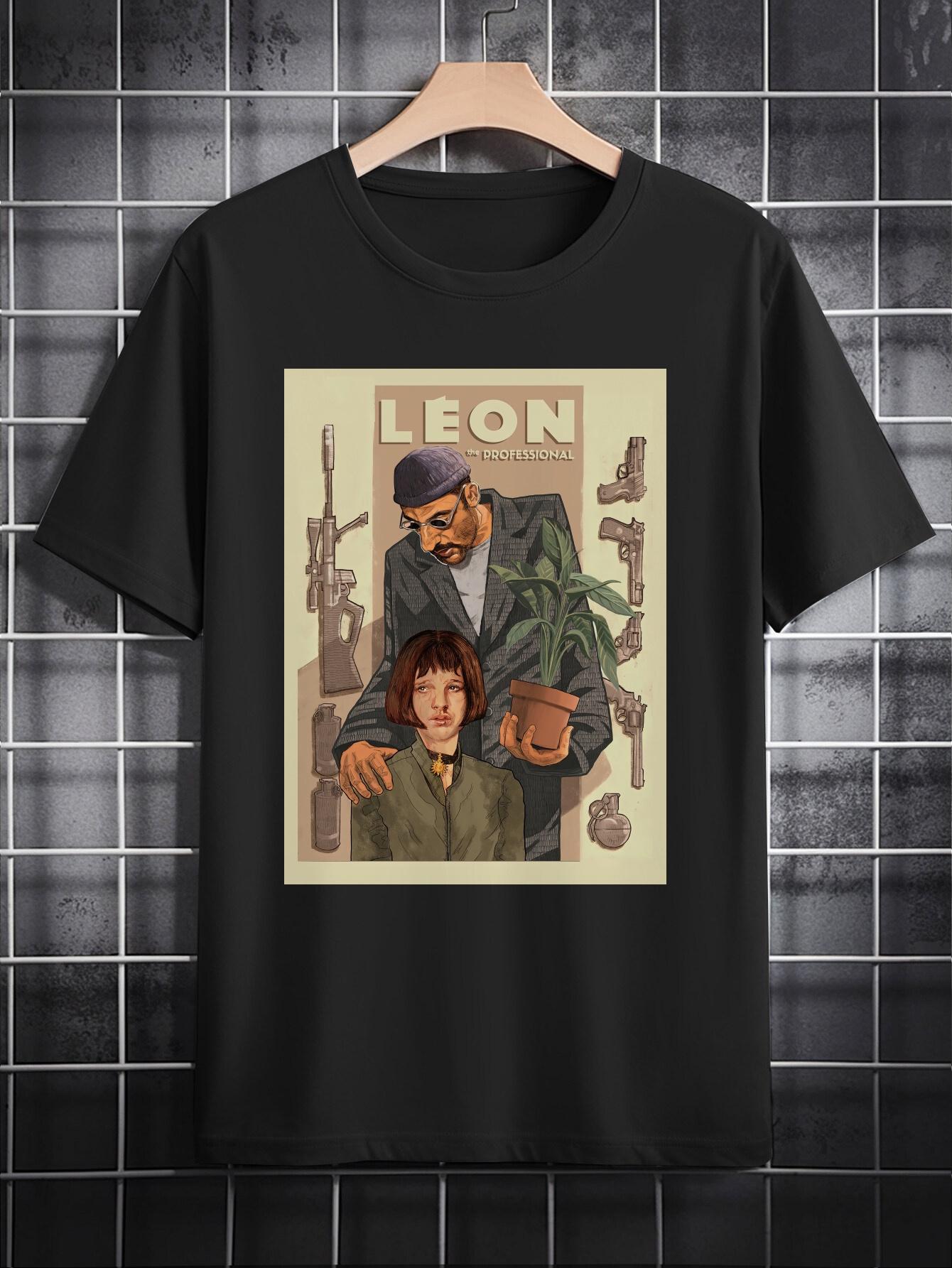 Casual Crew Neck T-shirt with Fun 3D Graphic Print - Black Short Sleeve Tee Featuring LEON Artwork L
