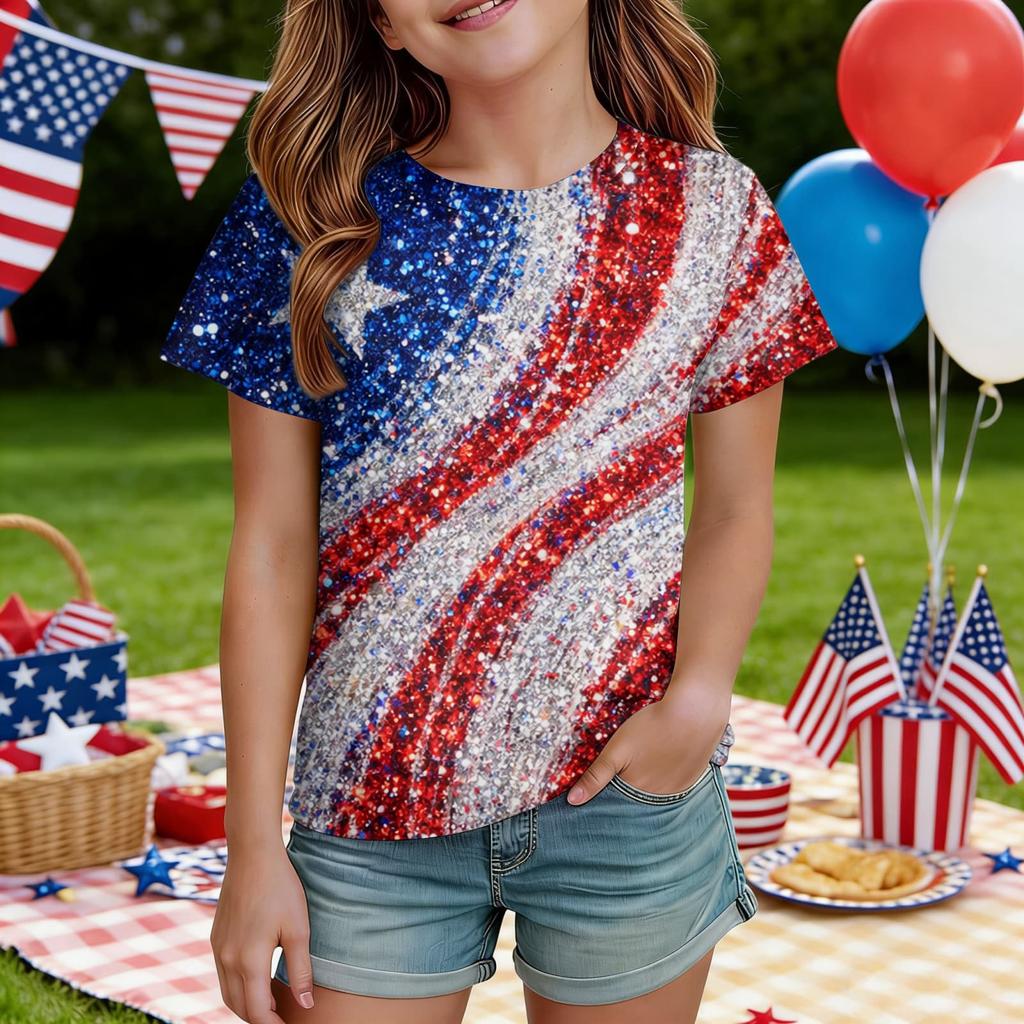 Kids Independence Day Print Round Neck Short Sleeve Casual T-shirt