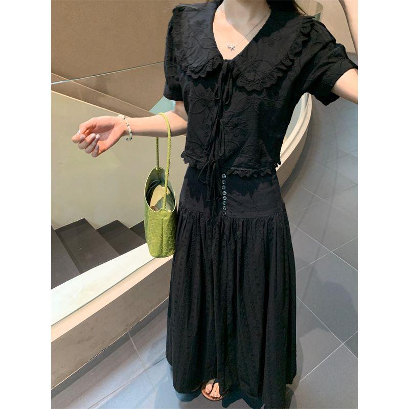 Stylish Lace Embroider Puff Sleeve Shirt Black Suit Women's Autumn Skirt Long Skirt Large Swing Skirt Two-piece Set