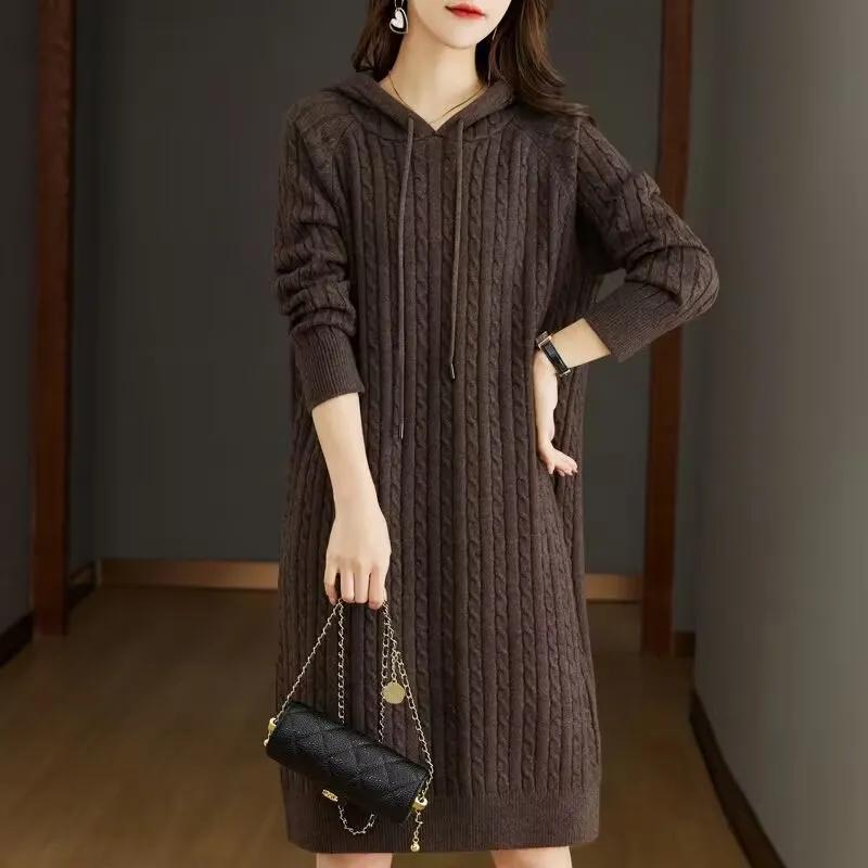 Damen Herbst- und Winter-Freizeitkleid mit langen Ärmeln, einfarbig, locker gestrickt, mit Kapuze, Unterrock