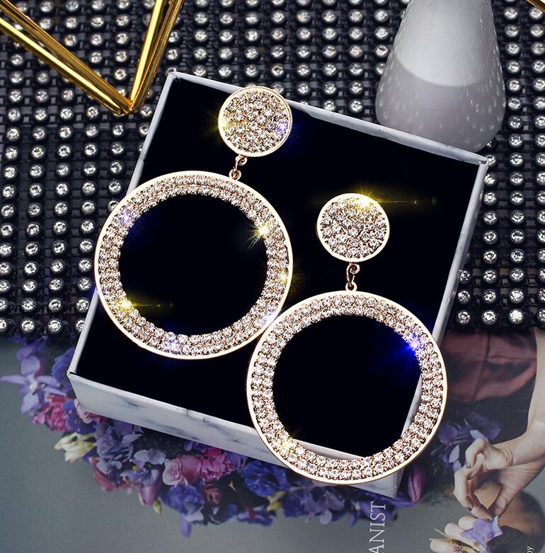 Fashion Shining Circle Earrings Precision Inlay Gold Color Color Rhinestone Earrings For Women Wedding Party Jewelry