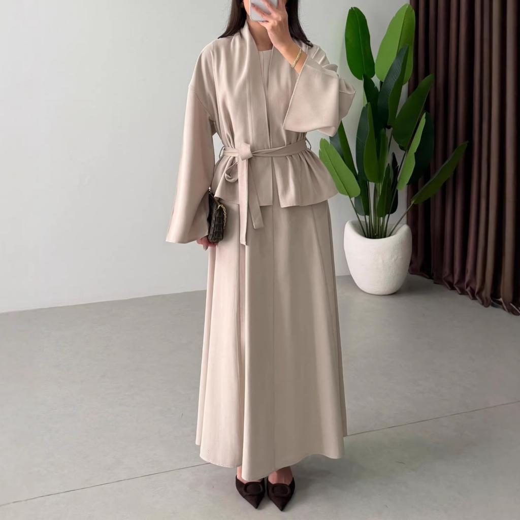 26 Europe, America, Amazon Cross-border Women's Clothing New Old Money Wind Lace-up Waist Cardigan and Dress Two-piece Set