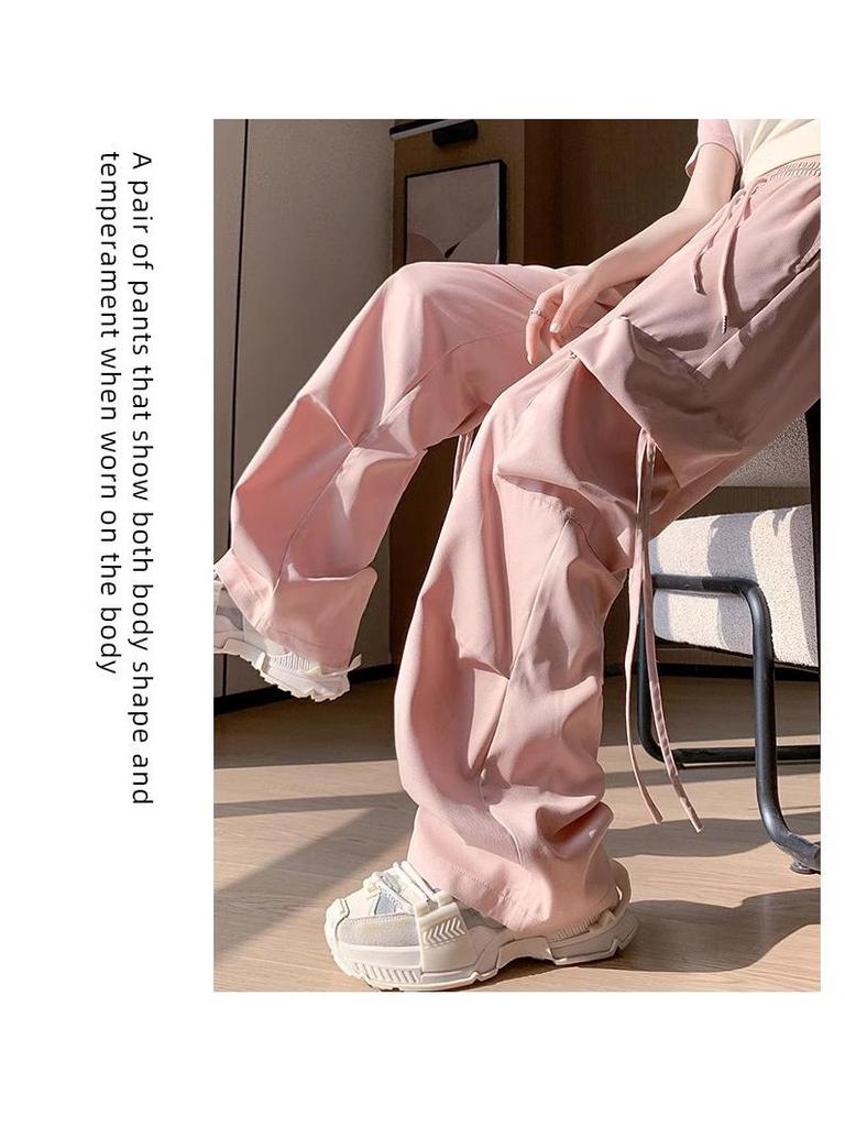Petite High Waist Pink Parachute Cargo Pants for Women - Wide Leg Summer Sport Pants (145cm)