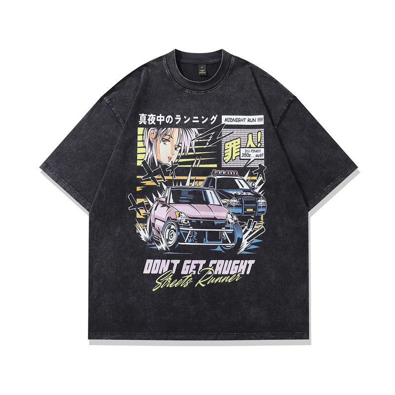 American Retro Trendy Brand T-Shirt Y2K Cartoon Printing Heavy Cotton Washed Short-Sleeved T-Shirt Men And Women Trendy