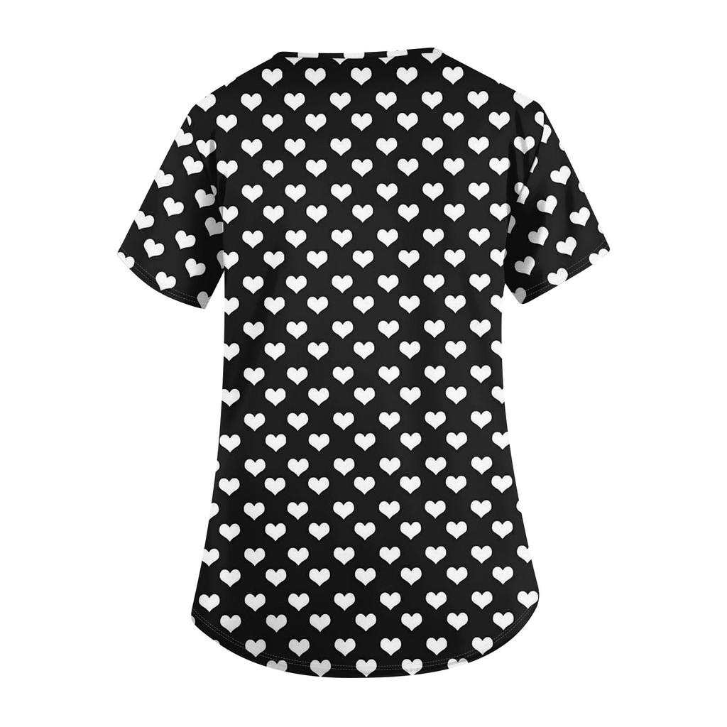 Damen Niedlich Schleife Bedruckt Arbeitskleidung V-Ausschnitt Doppellagig Taschen Basic Kurzarm Oberteil Pullover