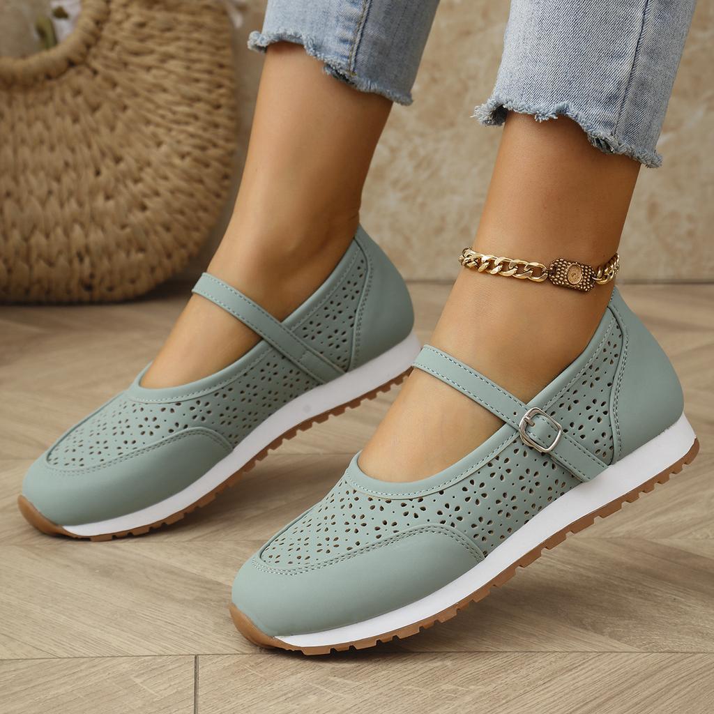 Summer Fashion Casual Single Shoes for Women 2025 New Hollow Solid Color Buckle Mesh Breathable Round Toe Work Shoes
