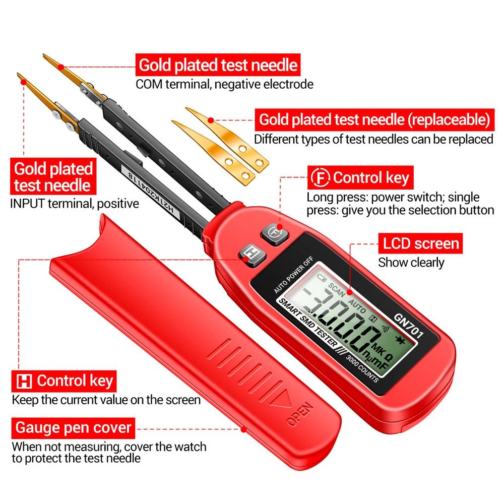 GN701 Smart SMD Tester Smart SMD Tester Multimeter Kapazität Widerstand Diode Kondensator Teststift LCD-Display 3000 Counts Test