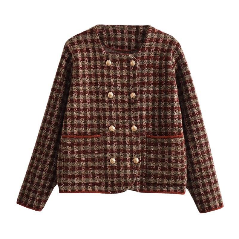 Giacca Corta Casual Antivento da Donna Autunnale a Girocollo Maniche Lunghe con Stampa a Quadri