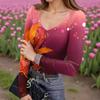 Women's Winter Slim-Fit Base Layer T-Shirt Fashionable  Print V-Neck Pullover Long-Sleeved Top