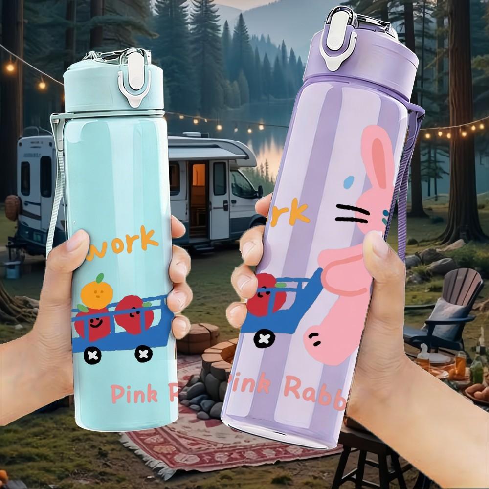 1PC Pink Rabbit Print 750ml Color Plastic Sports Water Bottle Leakproof Flip Straw Lid Suitable for Sports Office Home Use