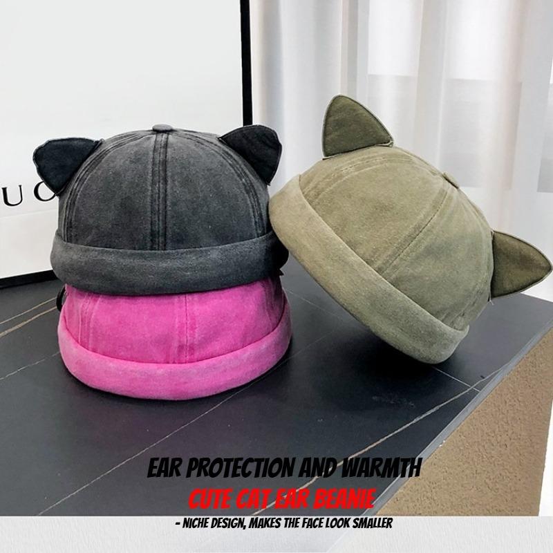 1pc Winter Warm Landlord Hat for Men,outdoor Windyproof Versatile Bucket Hat with Cute Cat Ear,adjustable Brimles Melon Skin Hat