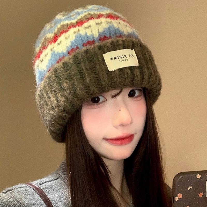 Vintage Fair Island knitted wool hat women's autumn and winter warm versatile ear protection hat loose face small headgear