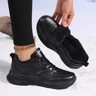 Ganz schwarze Sportschuhe Damen Winter Samt Warm Leder Oberfläche Wasserdicht Lässig Reise Schuhe Kinder Rutschfest Weiche Sohle Leicht
