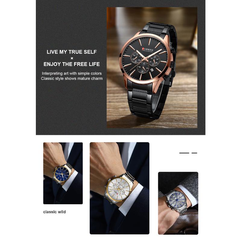 CURREN Neue Top-Herrenuhr mit Stahlgürtel, sechs Nadeln, Chronograph, Quarzuhr, Kalender, 24-Stunden-Anzeige