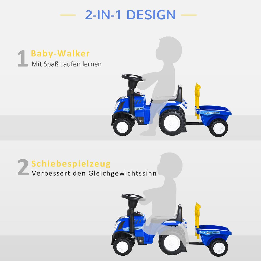 Ride-On Tractor with Trailer, Horn, Sand Toys, from 1 Year, Plastic+Metal, Blue, 91 X 29 X 44cm