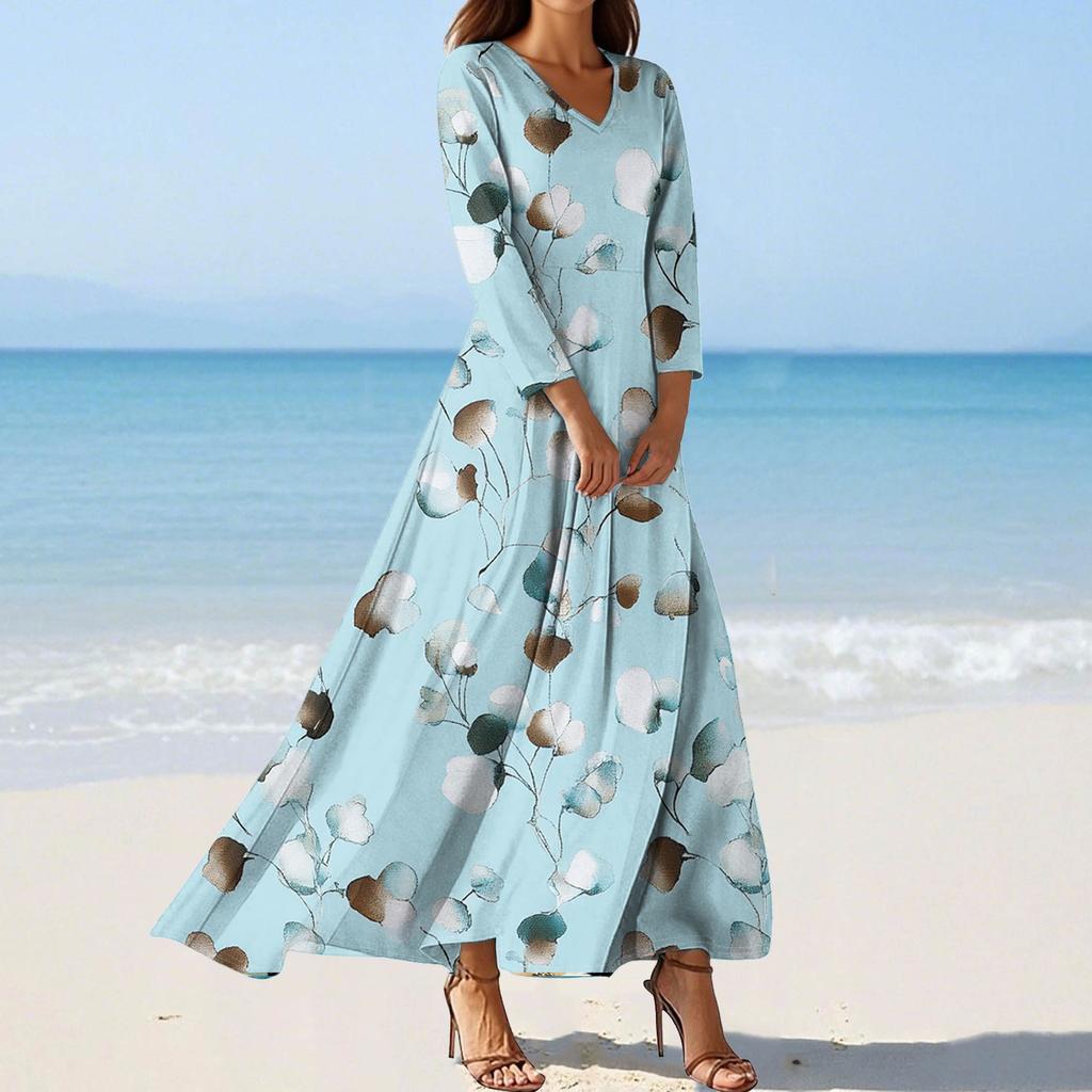 Abiti da Spiaggia da Donna alla Moda con Scollo a V e Maniche Sette Punti Stampati Floreali