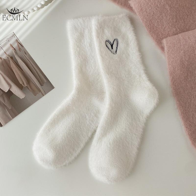 Women's Mink Velvet Socks Mid-tube Autumn and Winter Plush Thickened Socks Furry Love Black and White Sleep Plush Socks