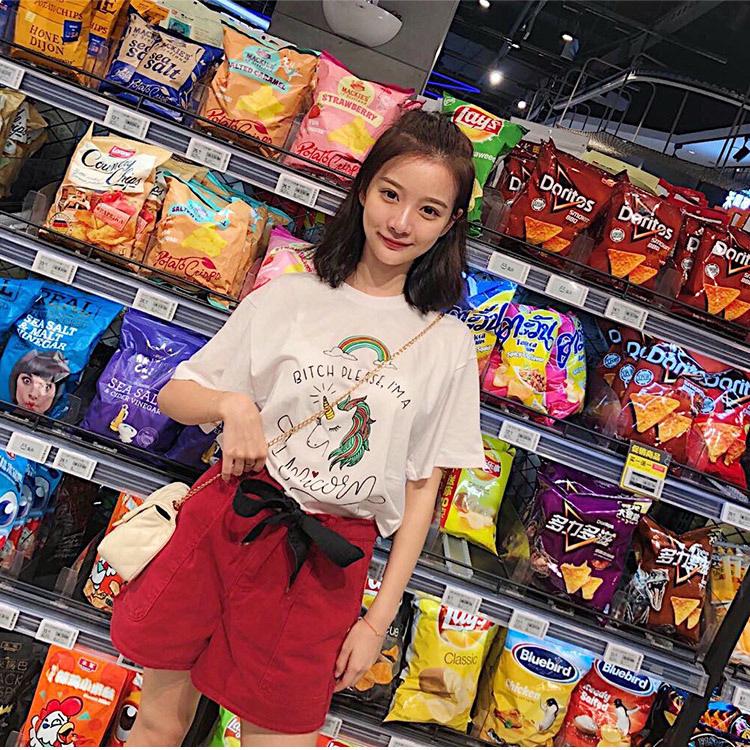 

Korean Style Pure Cotton Women’s Loose Unicorn T-Shirt in White Medium